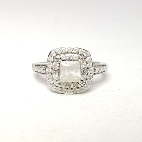 Vintager Sterling Silver Princess Cut Square Rhinestone Double Halo Ring,  6 1/2 - Picture 2 of 8